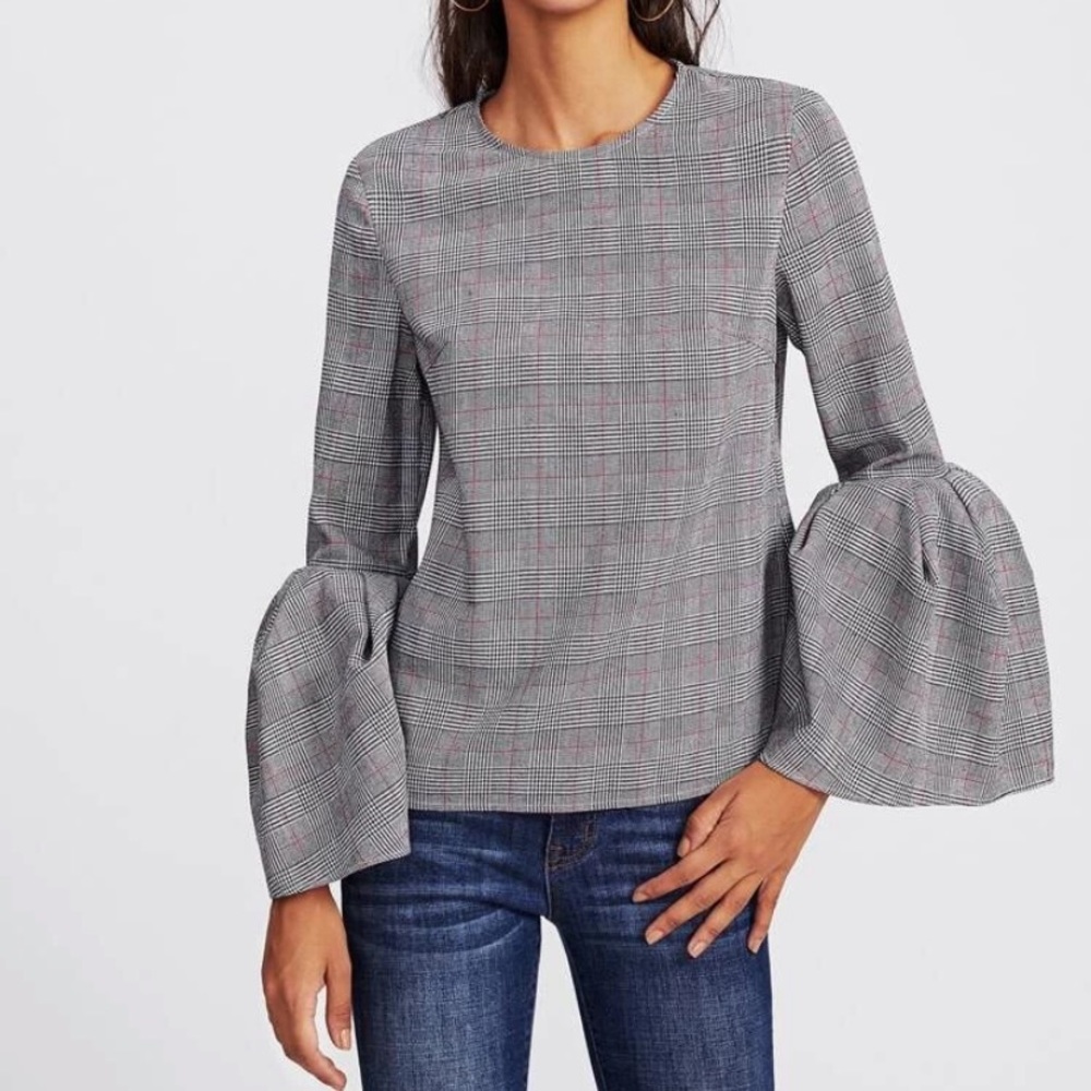 Plaid Exaggerated Sleeve Blouse